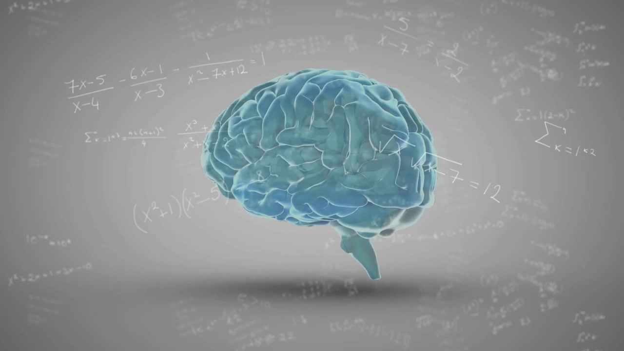 Floating cyan brain hovering above shadow plane while scattering white chalk equations in 3D render