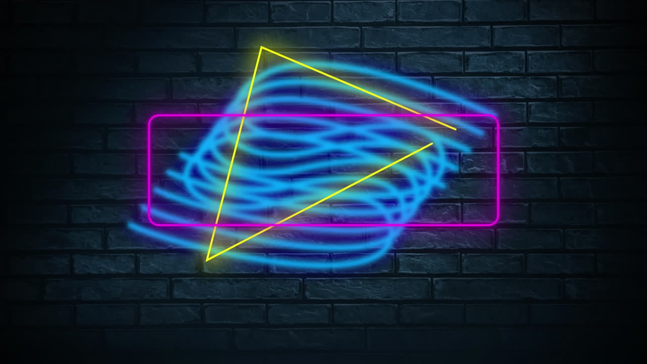 Neon shapes animate over wavy lines on a blue brick wall in a digital video.