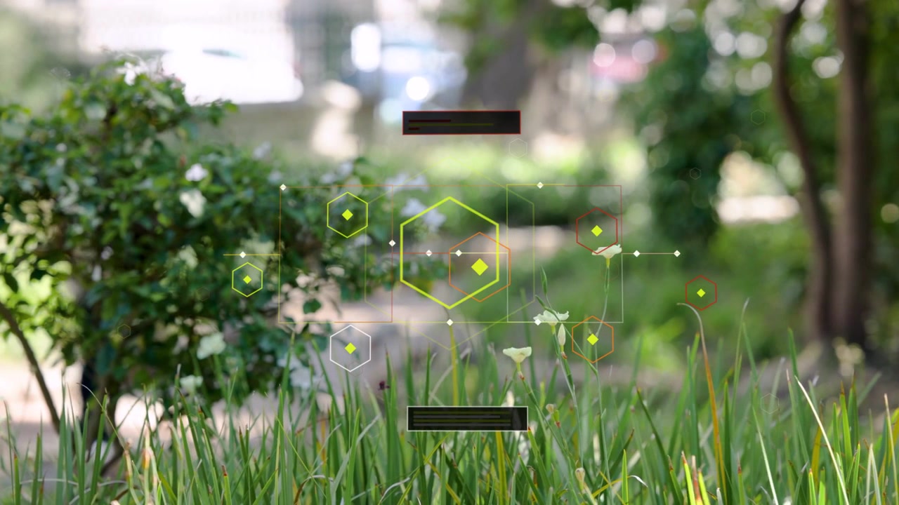 HUD verde neon che si attiva sopra erbe alte, formando nodi esagonali e a diamante per il monitoraggio tecnologico.