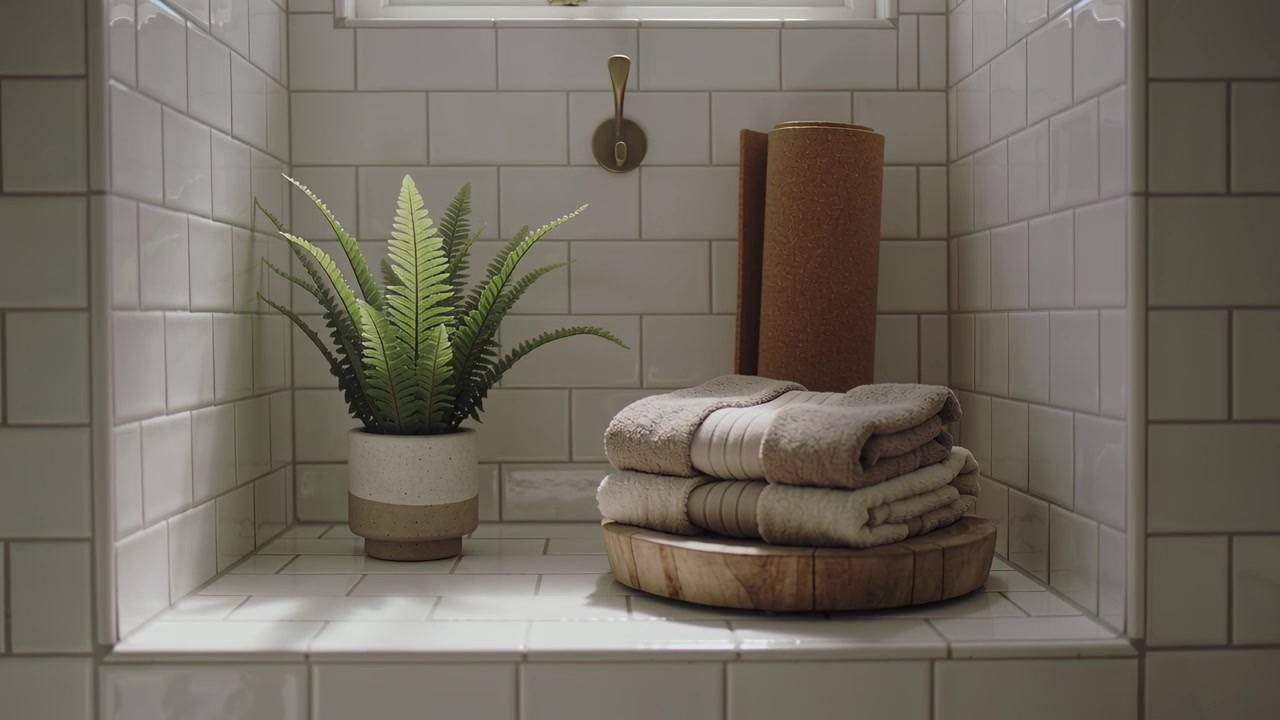 Moving camera approaching tiled bathroom niche at window, revealing fern towels and tile texture
