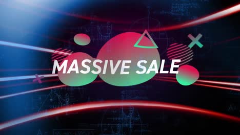 Animation-of-massive-sale-text-with-shapes-over-mathematical-equations-and-lens-flare