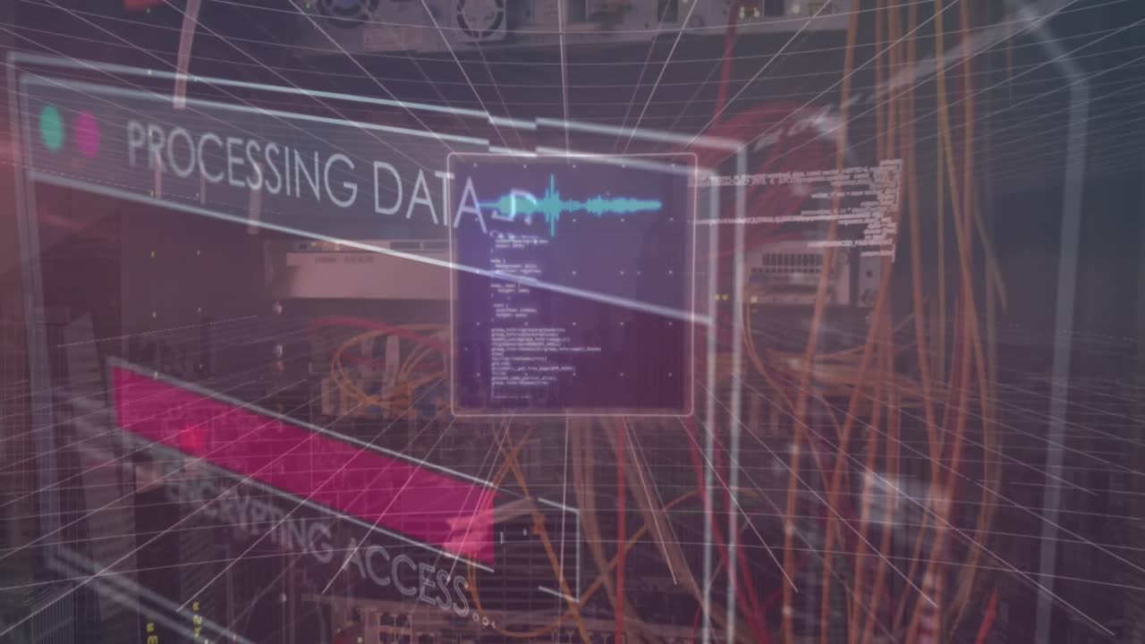 Animation of screens with data processing against close up of a computer server