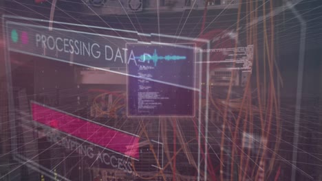 Animation-of-screens-with-data-processing-against-close-up-of-a-computer-server