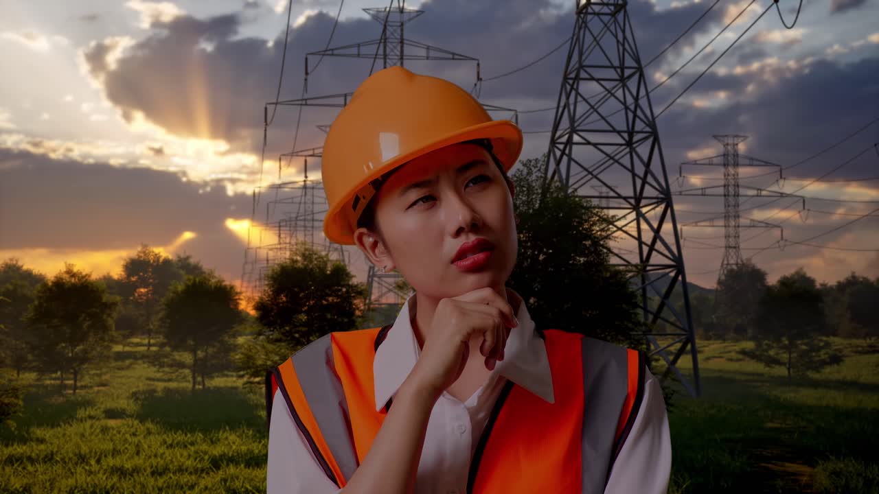Kvindelig ingeniør med hat, der tænker ved elledninger ved solnedgang