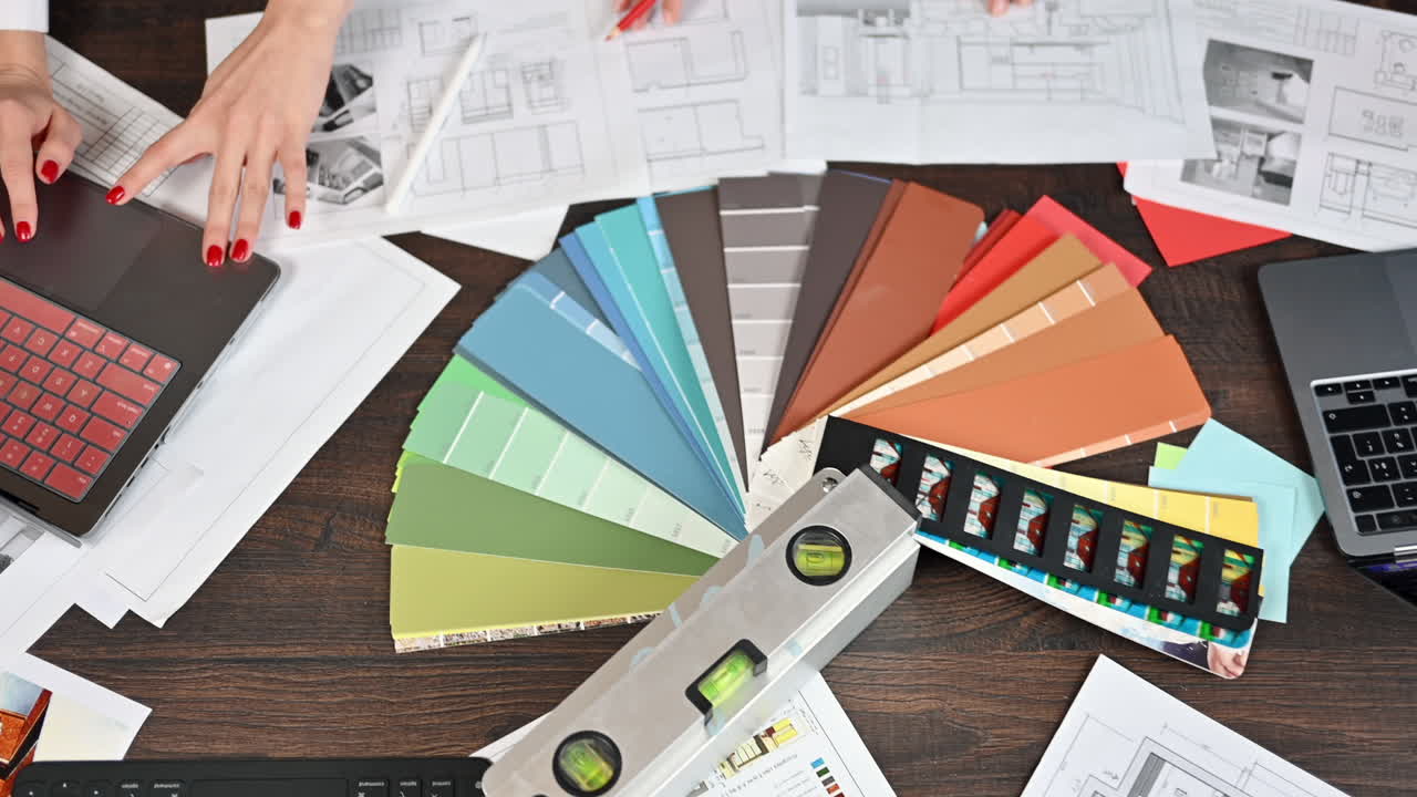 Coworkers analysing building plans and colours in an office