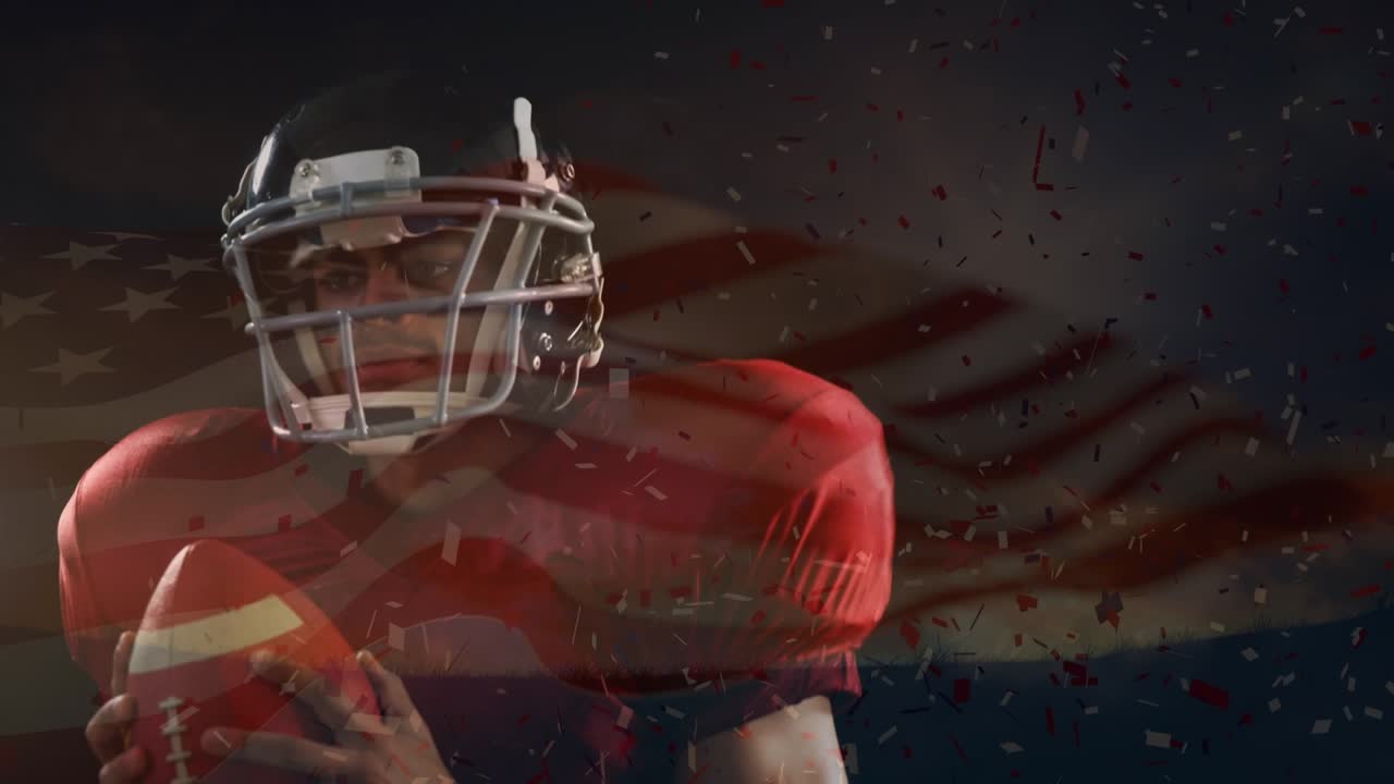Animazione di bandiera USA sventolante e coriandoli che cadono su un giocatore di football americano
