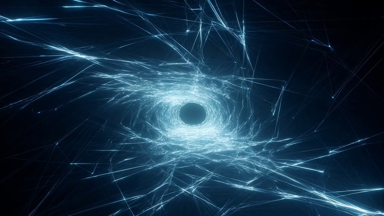 Electric Cyan Shards Spiral Around Central Black Hole, Emitting Fractal Sparks And Radiant Beams Intense