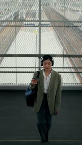 businesswoman walking through a train station