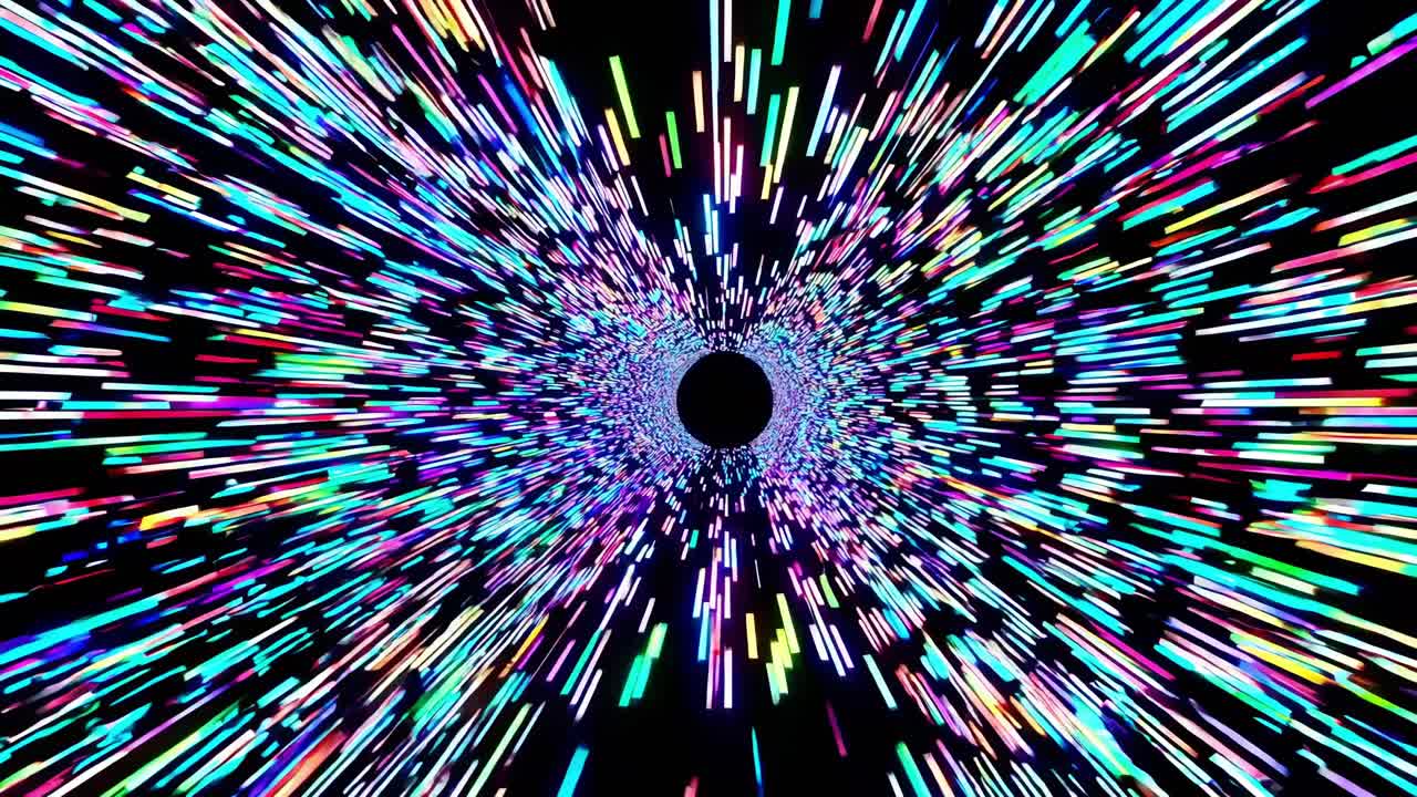 Multicolored streaks are converging towards a black hole, creating a visual effect of hyperspace jump, perfect for representing concepts related to speed, technology, and the universe