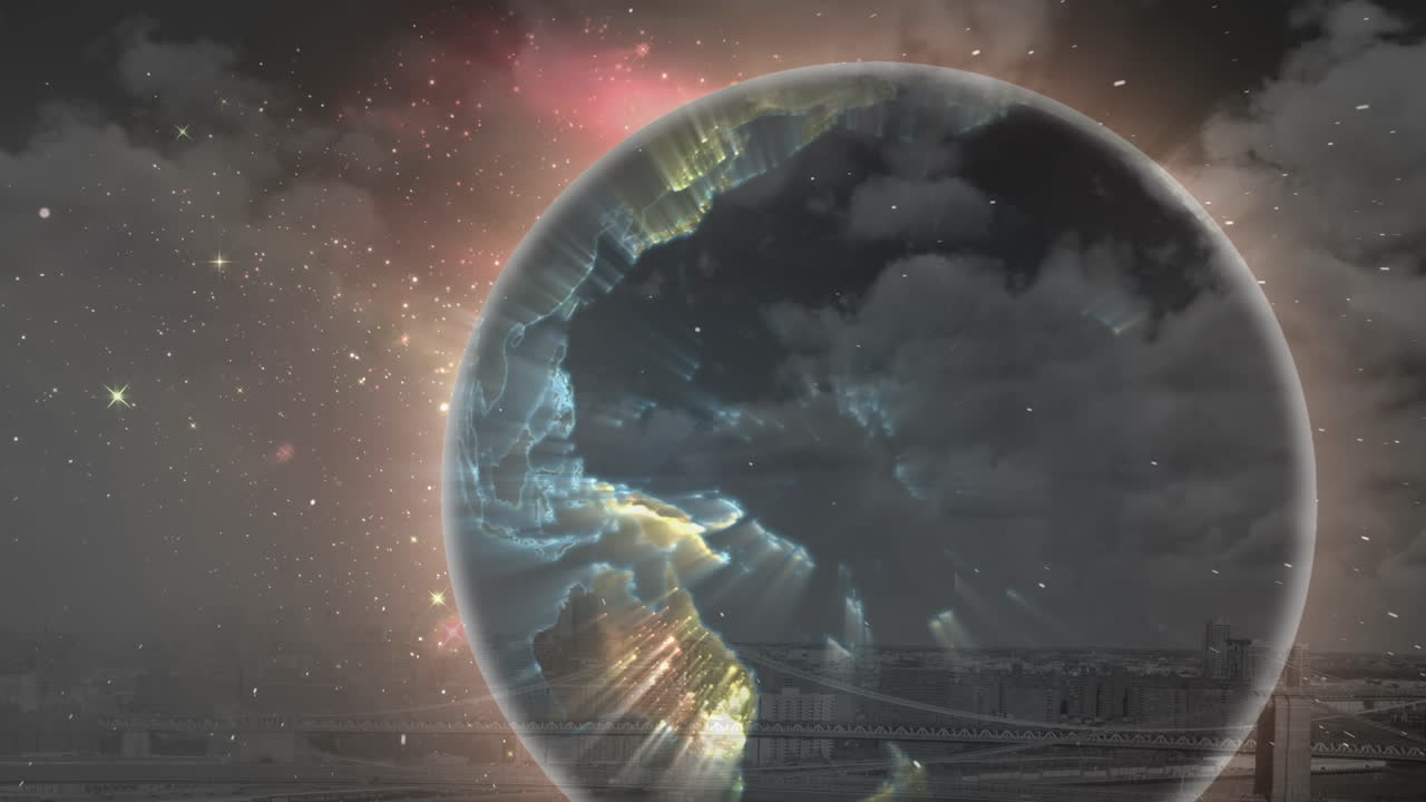 스포츠 잔디와 파란 하늘 위에서 네트워크 및 데이터 처리와 함께 지구의 애니메이션