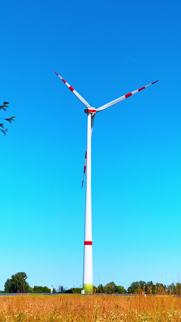 Tall wind turbine against clear blue sky. A tall wind turbine stands prominently in a field, surrounded by a vibrant landscape under a clear blue sky