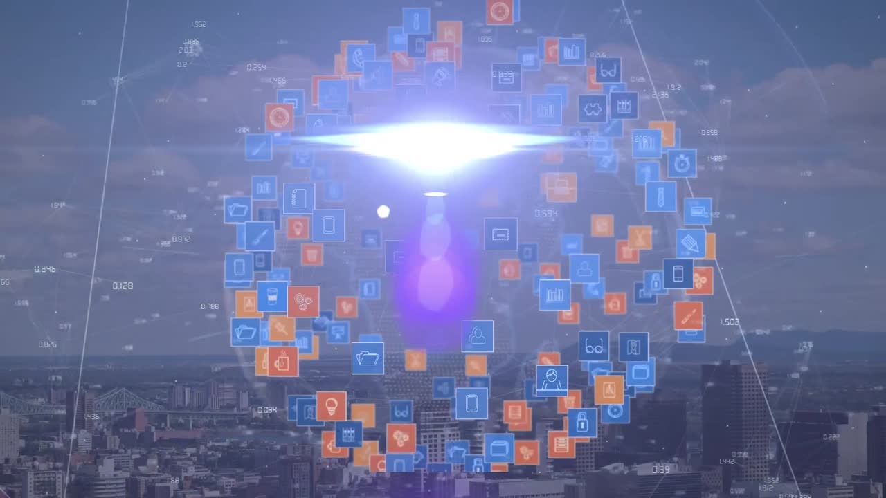 미디어 아이콘의 글로벌 네트워크의 애니메이션과 도시 풍경에 대한 조명으로 데이터를 처리