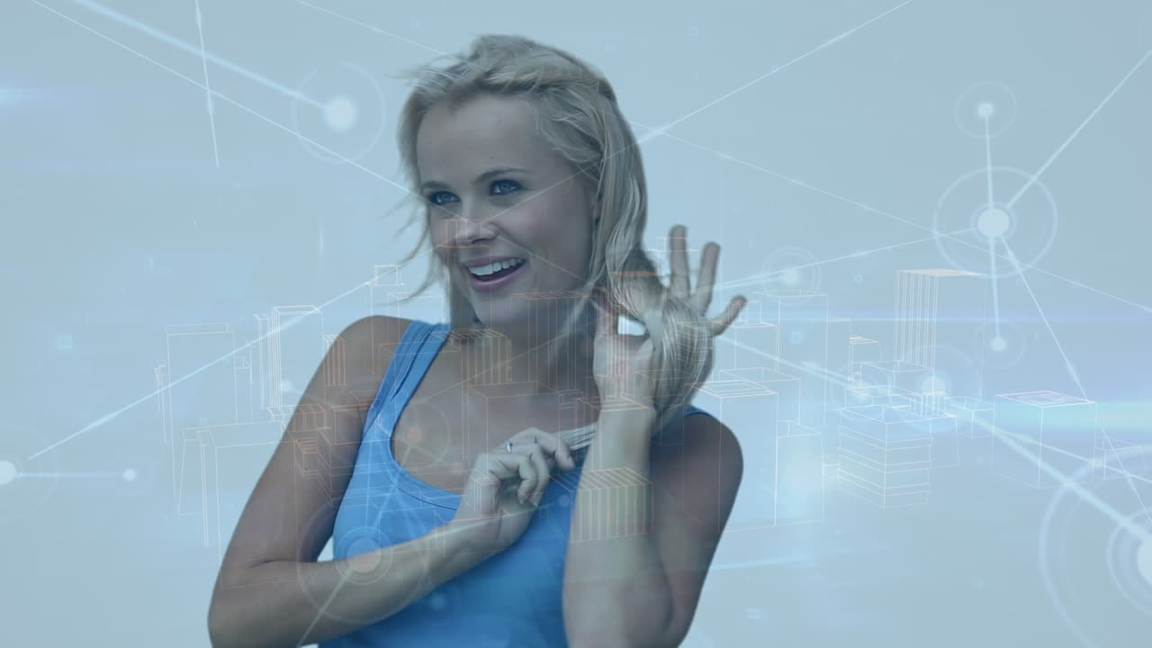 Animation of lines connecting dots over portrait of caucasian happy young woman playing with hair