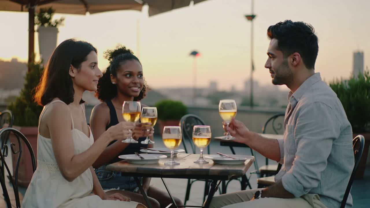 Making eye contact three friends clinking wine glasses celebrating on rooftop terrace at sunset
