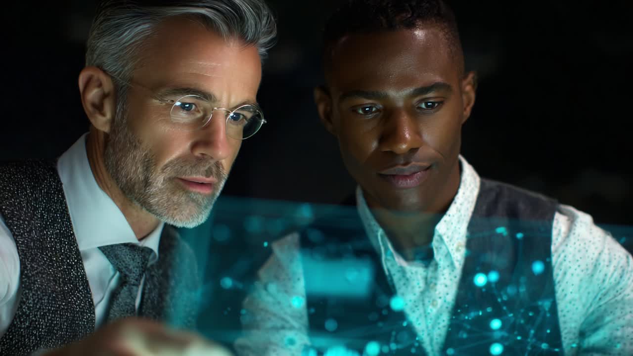 Two professionals collaborate on a futuristic, holographic display, analyzing data and information amidst a dark backdrop, highlighting teamwork and advanced technology in a modern setting