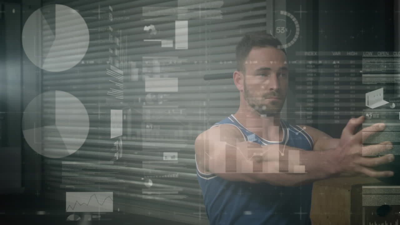 animación del procesamiento de datos y estadísticas sobre el ejercicio de hombres fuertes