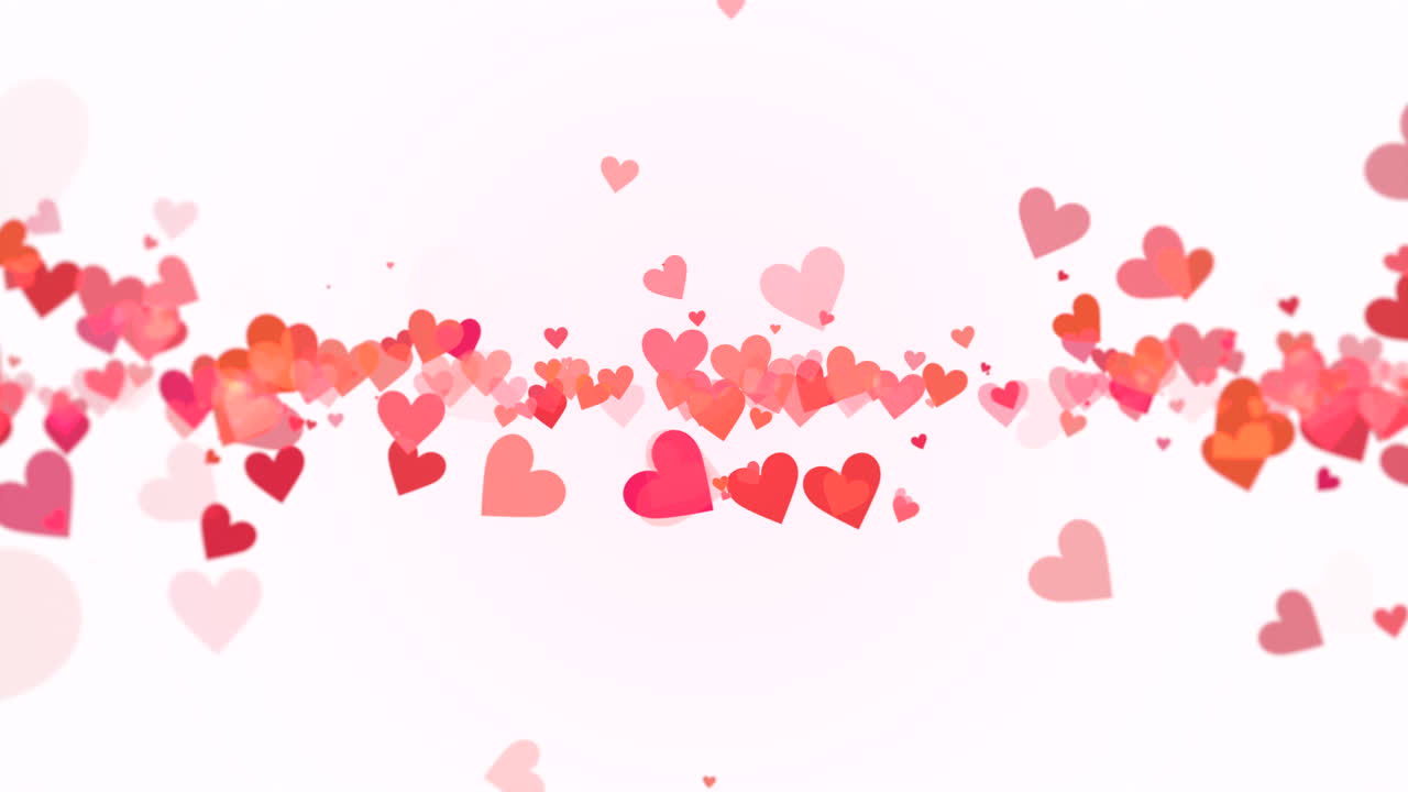 빛나는 흰색 그라데이션에 작은 빨간색 로맨틱 하트 비행