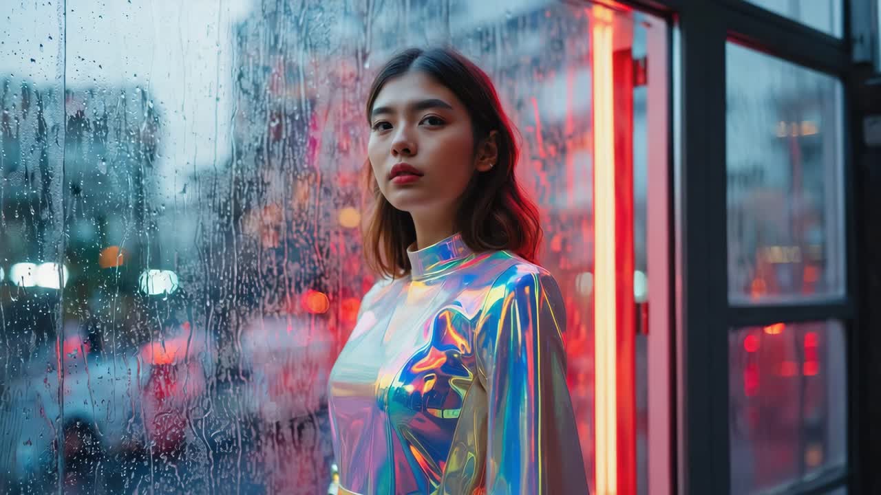 A woman in a futuristic iridescent outfit looks out a rain-streaked window
