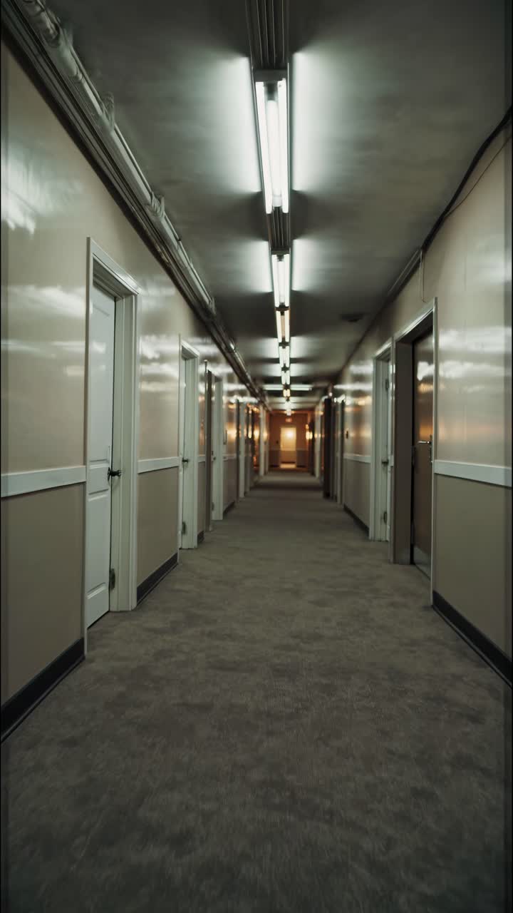 A long, dimly lit hallway with closed doors, captured from a low-angle perspective