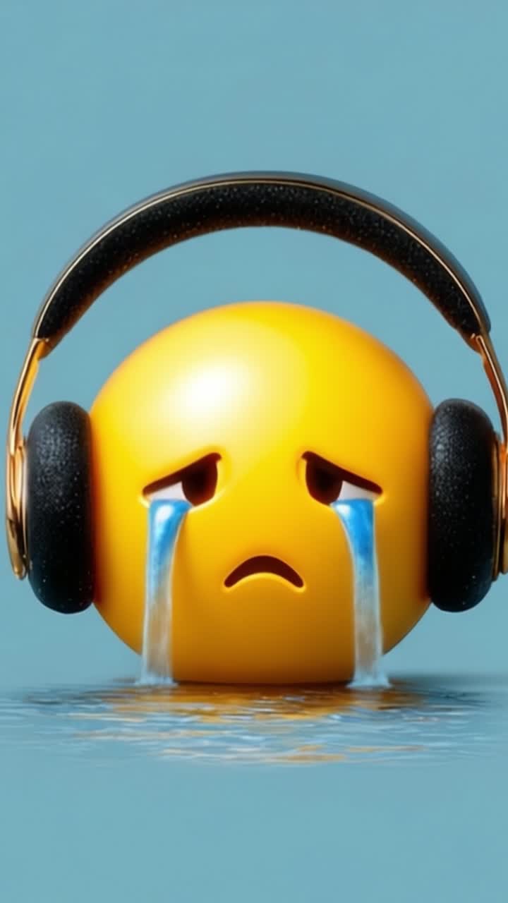 Un'emoji triste che ascolta musica: Che raffigura emozioni di dolore e malinconia con lacrime che le scorrono dagli occhi mentre indossa cuffie in un ambiente calmo.