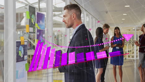 animación del procesamiento de datos estadísticos sobre un empresario caucásico que usa un teléfono inteligente en la oficina