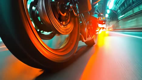 a close up of a motorcycle wheel on a city street