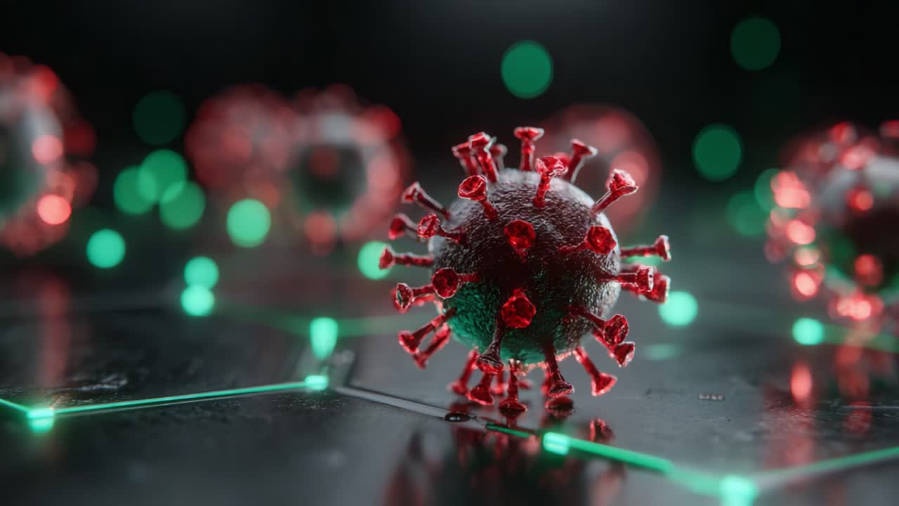 A Detailed Exploration of Microscopic Virus Structures in a High-Tech Environment, Showcasing the Intricacies of Viral Particles on an Illuminated Grid