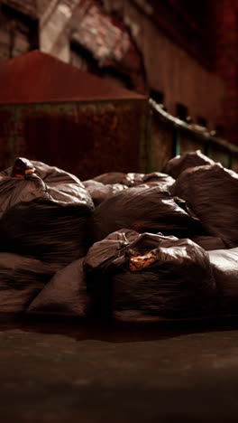 a pile of garbage bags in a city alley