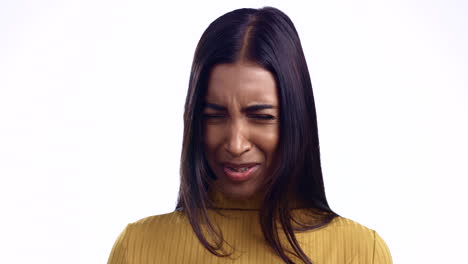 bad smell, face and woman with nose pinch