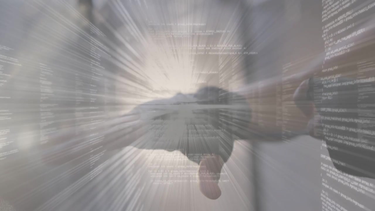 Woman reaching screen and gripping bar, pedaling, radial code streaks rising around her for fitness