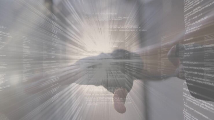 Woman reaching screen and gripping bar, pedaling, radial code streaks rising around her for fitness