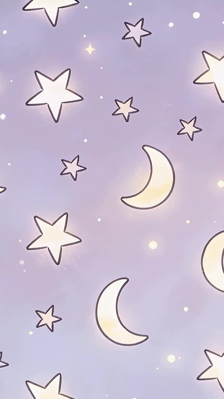Vertical video: Looping crescents five-point stars pulsing dots drifting on pastel purple gradient