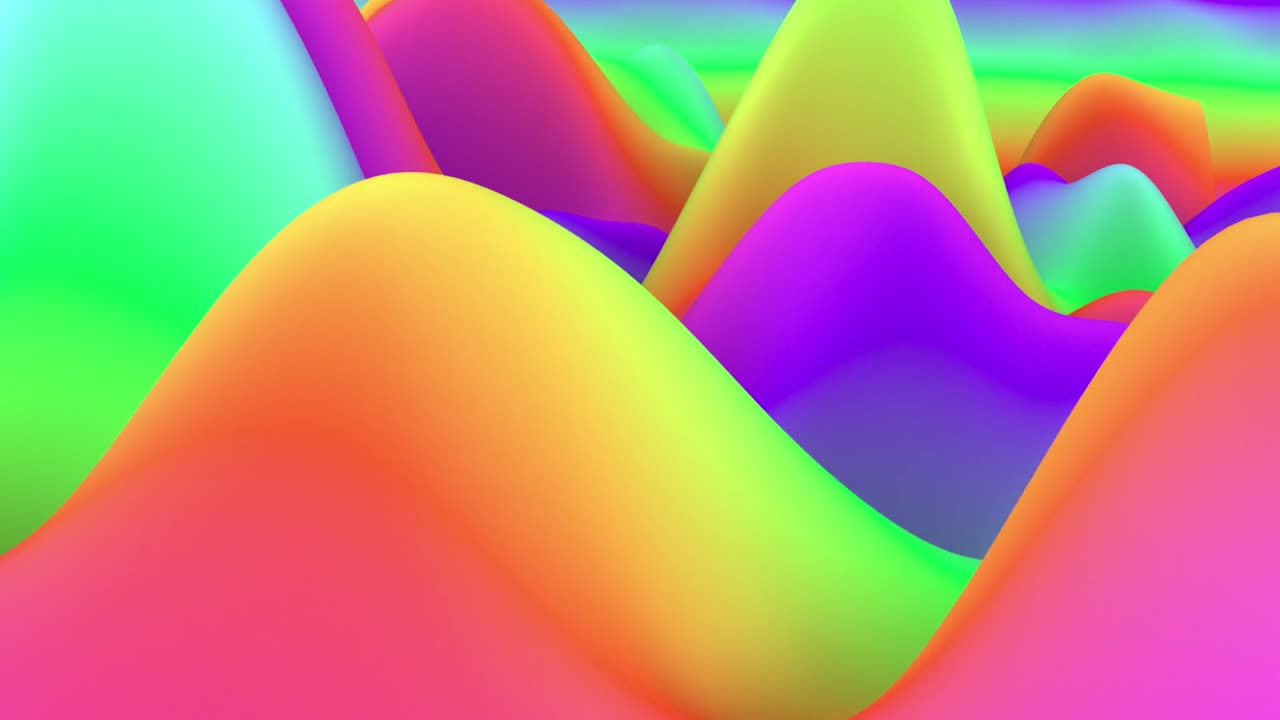 Abstract animation of gently undulating hills in a spectrum of smooth rainbow colors. Cheerful, playful, and flowing background for various uses