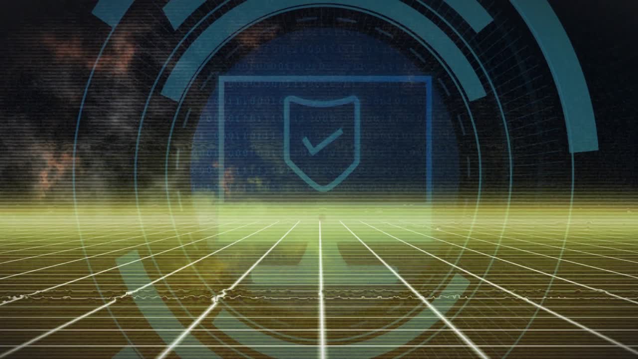 Holographic shield icon floating above grid highlighting circular data rings and scrolling code