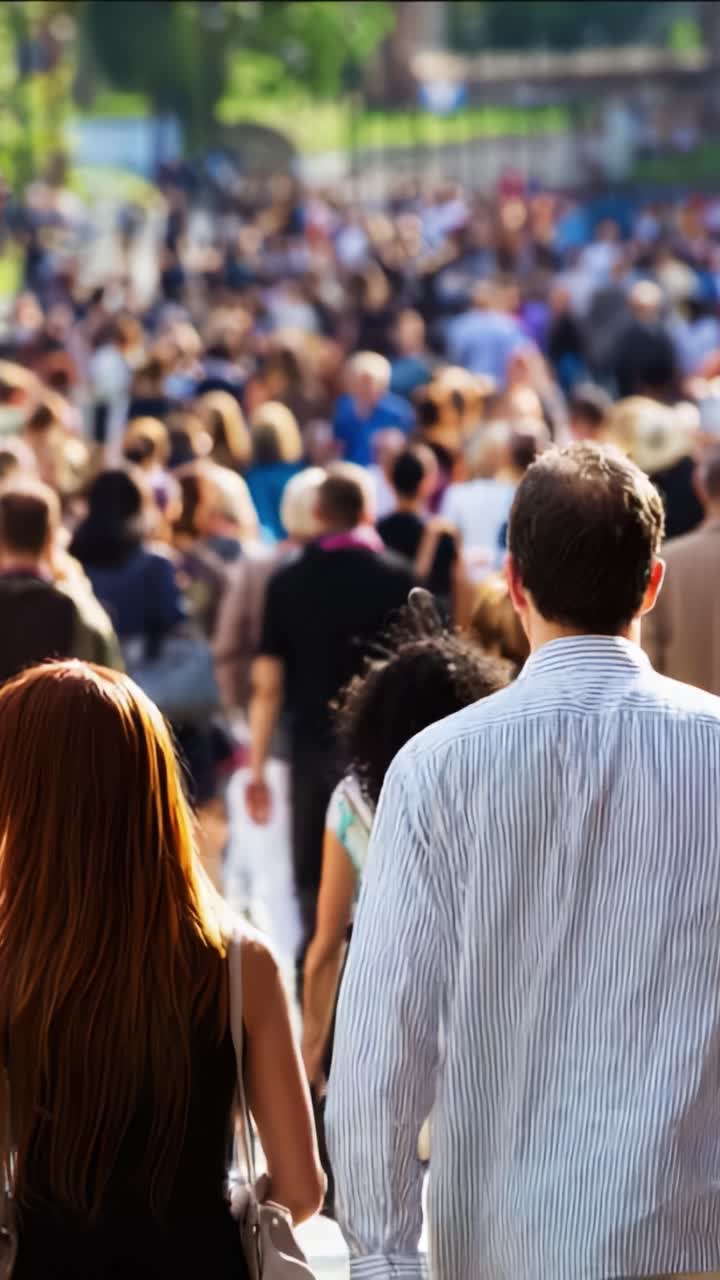 Una vivace scena urbana che ritrae una folla eterogenea di persone che camminano insieme in un animato ambiente esterno, ripresa da dietro, mostrando la vita di tutti i giorni