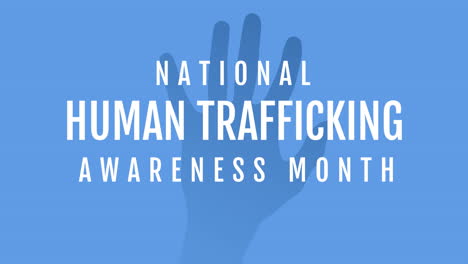 animation of stop human trafficking text with black hand on blue background