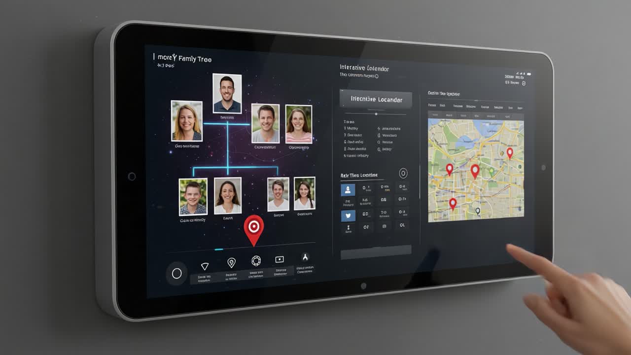 Interactive Family Tree Display with Dynamic Mapping and User Interface for Genealogy Exploration on a Touchscreen Tablet