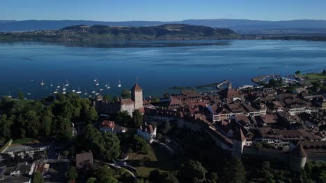 murten lake morat medieval old town switzerland aerial drone establishing shot europe