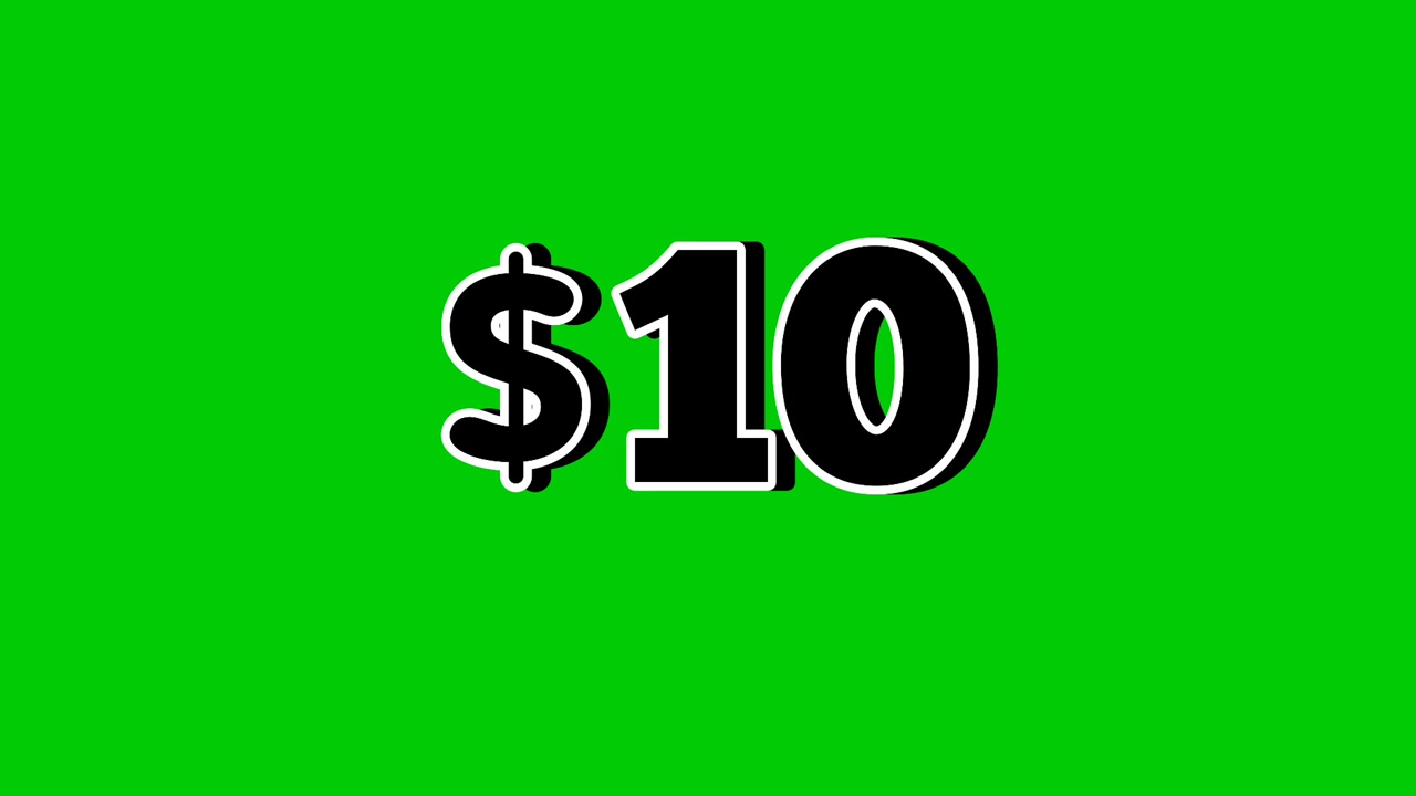 Animazione con cartellino del prezzo di 10 $ con effetti di fumo e grafica in movimento su sfondo verde. Perfetto per annunci pubblicitari, e-commerce, vendita al dettaglio, sconti e video di concetto di business promozionale
