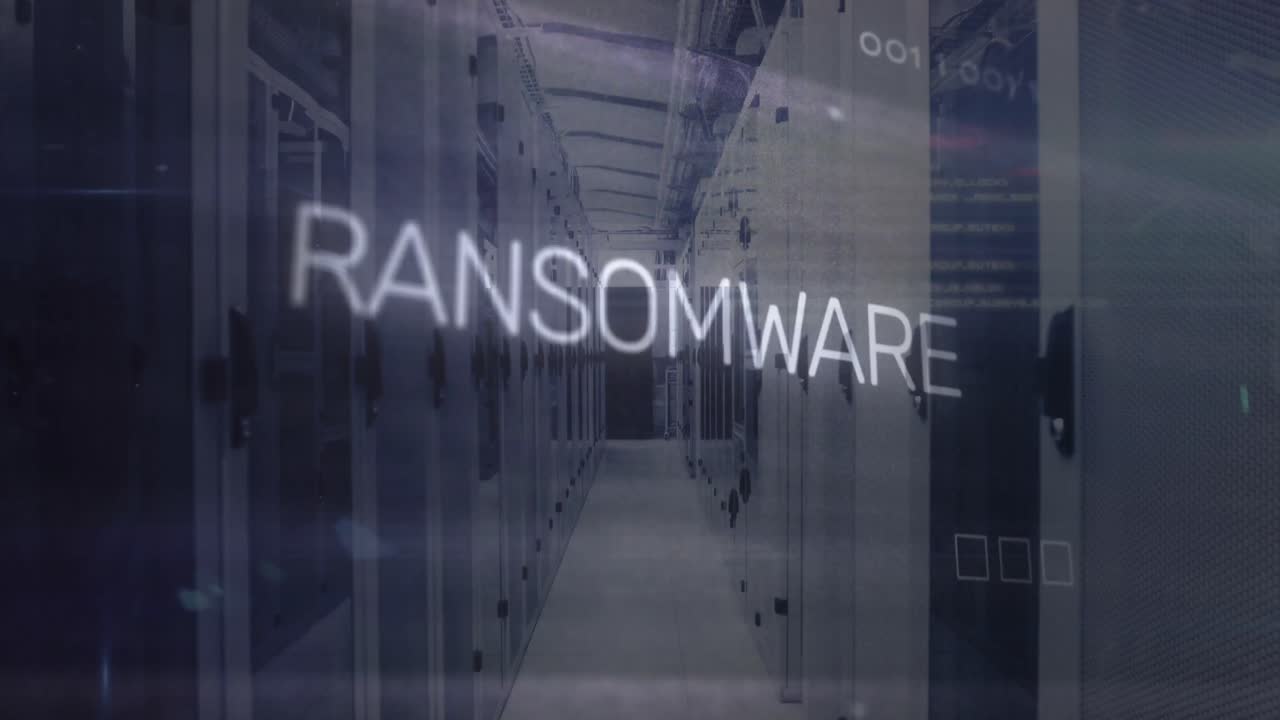 Animation of ransomware text, computer language, electronic circuit board pattern over server room