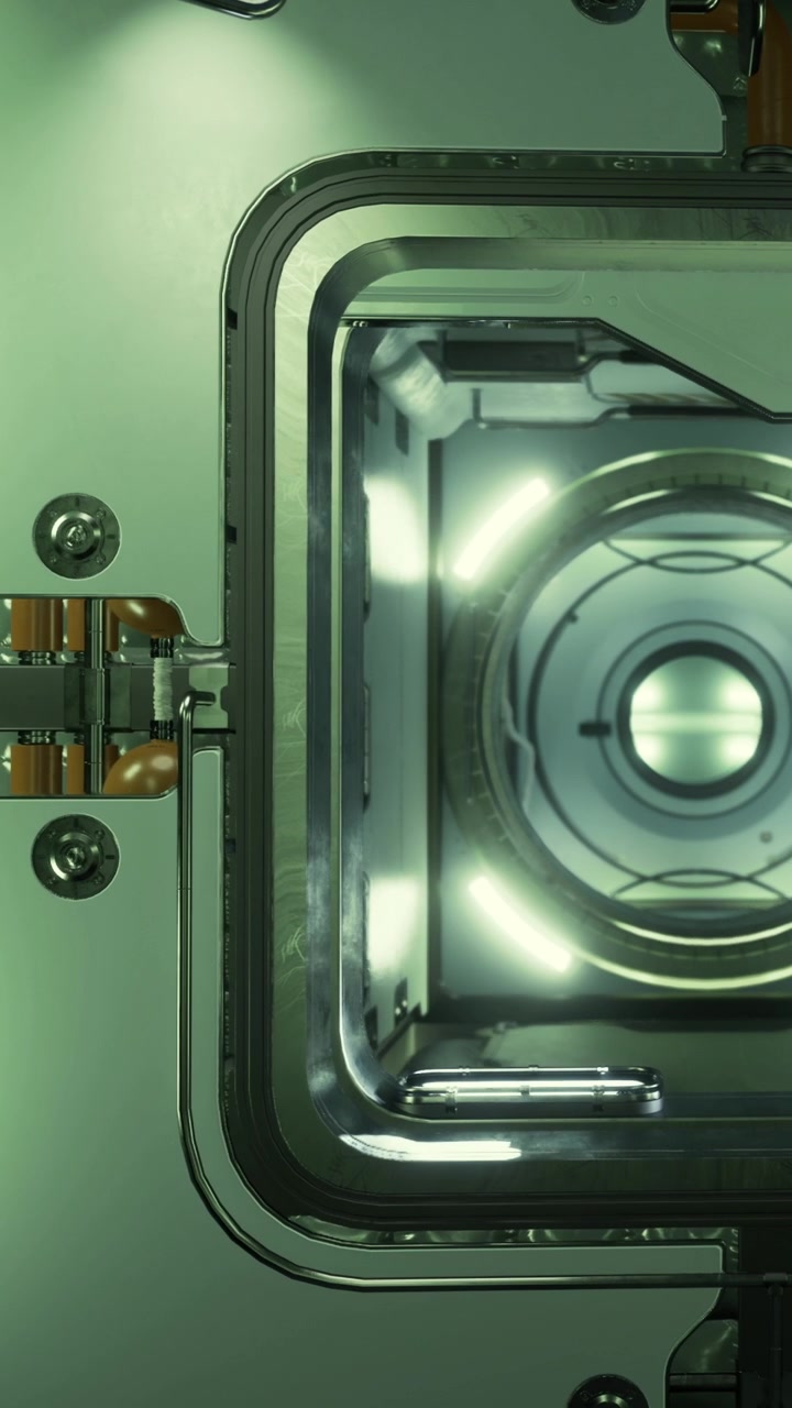 All'interno di una camera di laboratorio che mostra luci circolari e una configurazione di apparecchiature.