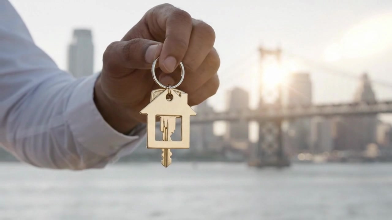 Corretor de imóveis segurando chave de casa em Nova York.