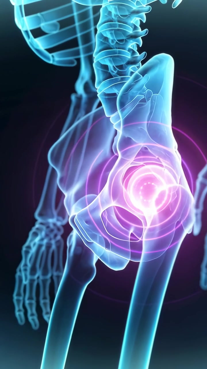 Vertical video: Rotating skeleton after pan, revealing left hip then palm for medical view