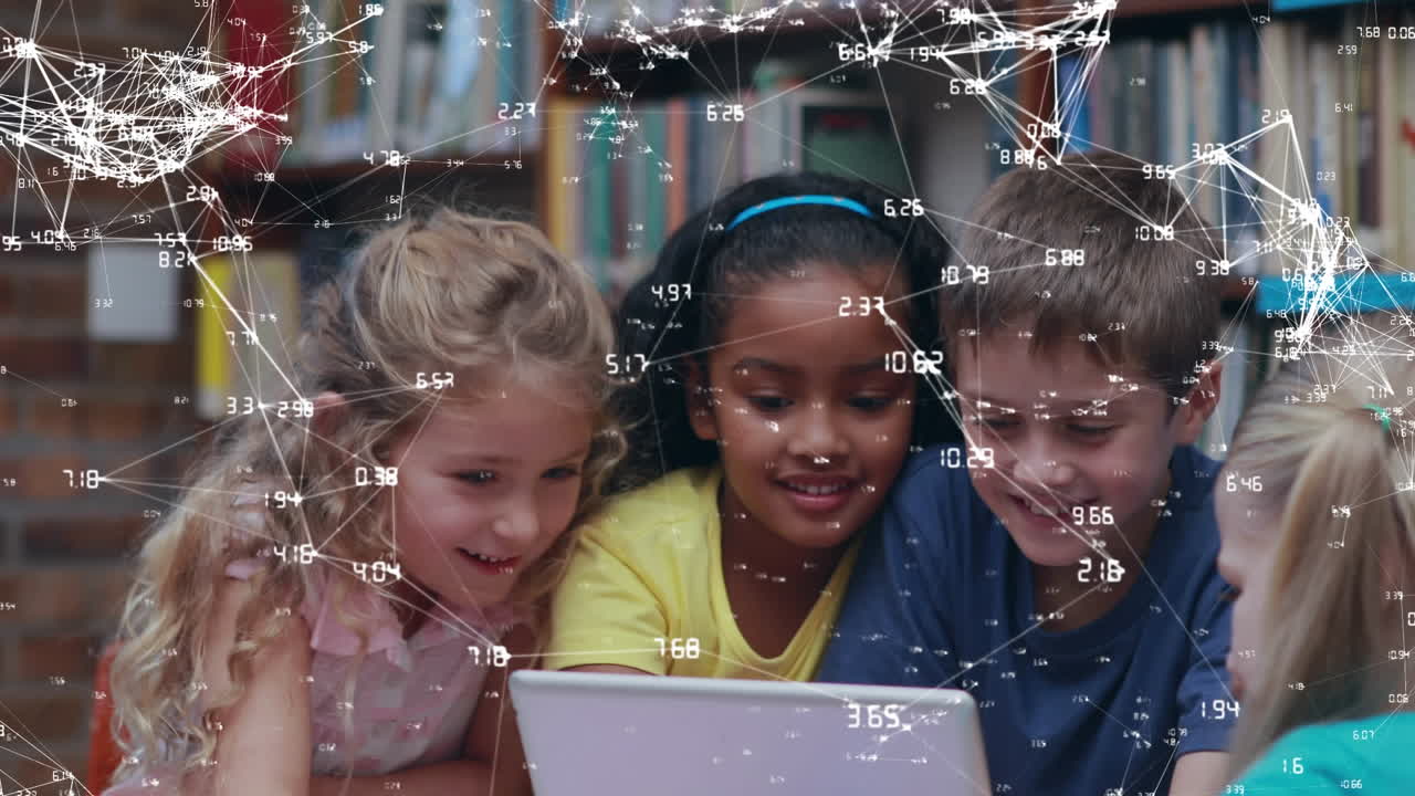 Animation of kids in a classroom over data processing in the background