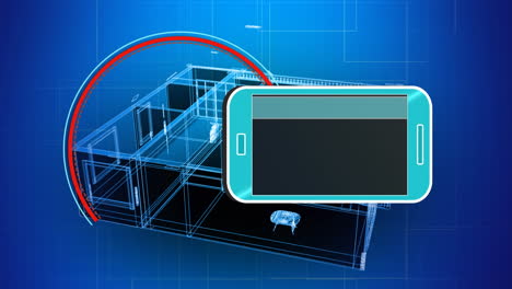 animación de un teléfono inteligente con una red de iconos sobre una casa giratoria