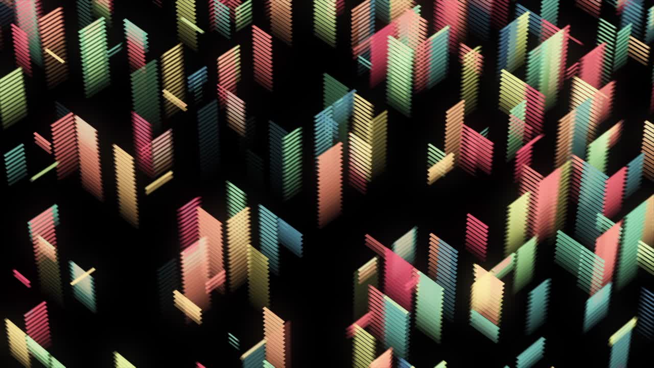 Beautiful multicolored abstract background with moving rectangles. Animation. Abstract moving geometric shapes on black background, seamless loop
