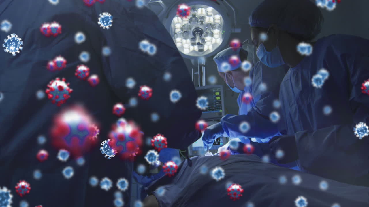 수술실에서 다양한 외과 의사에 대한 코로나19 세포의 애니메이션