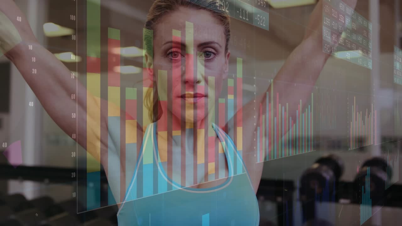 Woman with arms raised, slowly lowering to shoulder, with faded charts tracking motion for fitness