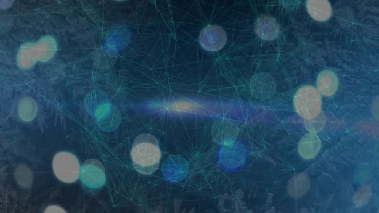 Lichtgevend netwerk reageert op een centrale lichtflits, pulserende bokeh zweeft, onthult knooppunten voor branding.