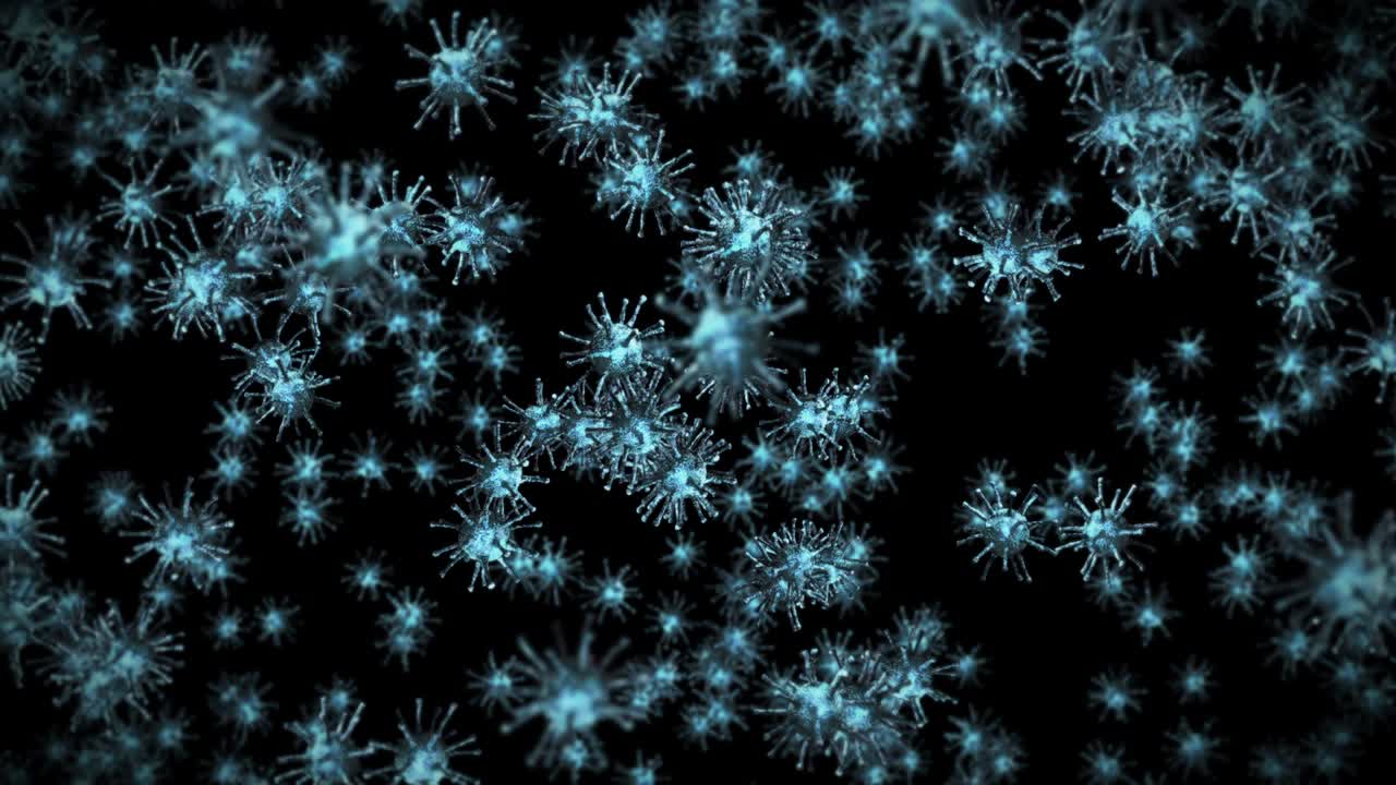 Flying many virus cells on black background. Medical concept, Microscopic illustration. 3D animation of virus molecule rotating. Loop animation.